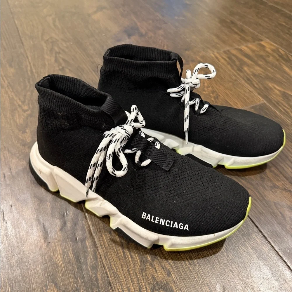 Balenciaga Black and White Knit Sneakers SZ 10 with Neon Accent - Picture 3 of 6